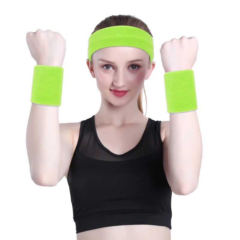 ONUPGO Sweatband Set Sports Headband Wrist Striped Sweatbands Terry Cloth Wristband Athletic Exercise Basketball Wrist Sweatband and Headbands Moisture Wicking Sweat Absorbing Head Band Neon Green - Image 4